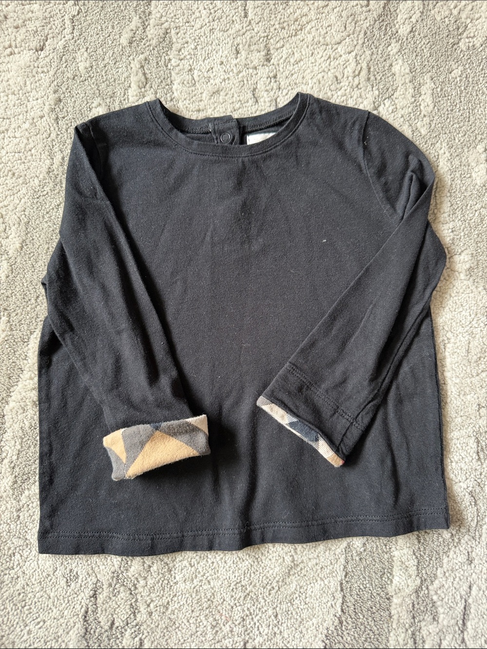 Authentic Burberry Black Long-Sleeve Kids Tee with Signature Plaid Cuffs - 12m